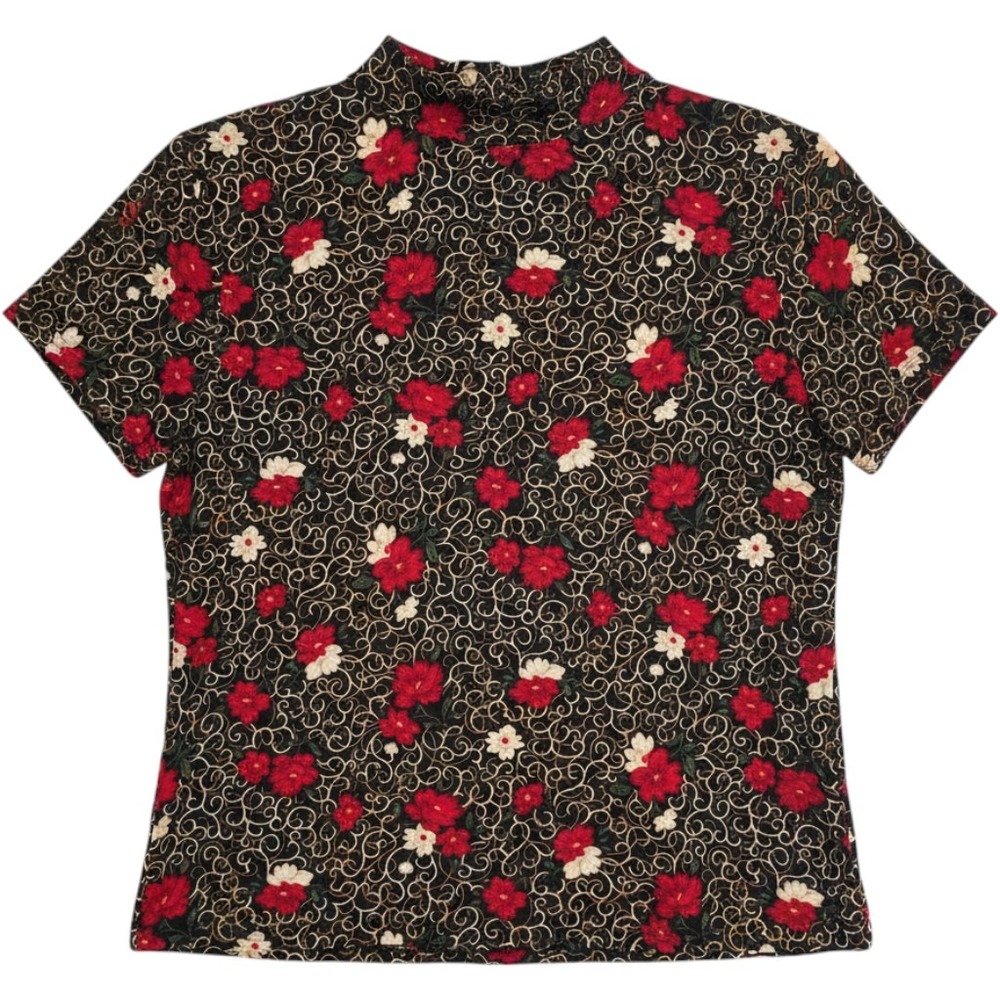 Kathy Ireland Womens XL Floral Mock Neck Short Sleeve Top Black Red Gold Vintage